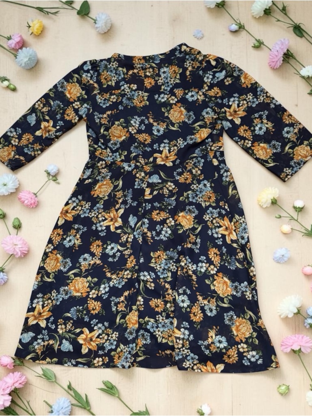 Robert Louis Navy Floral Midi Dress with Yellow & Light Blue Blooms - Picture 4 of 11